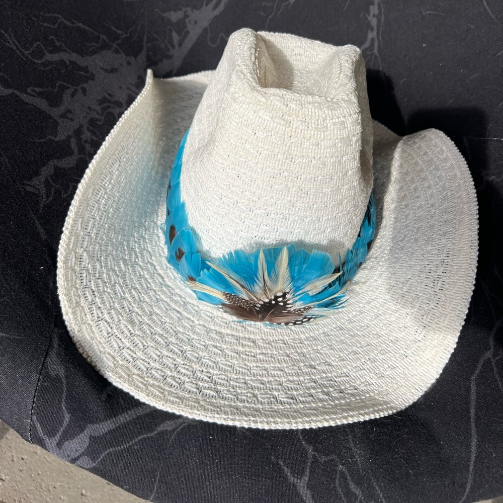 Blue and White Western Straw Hat with Feather Band
